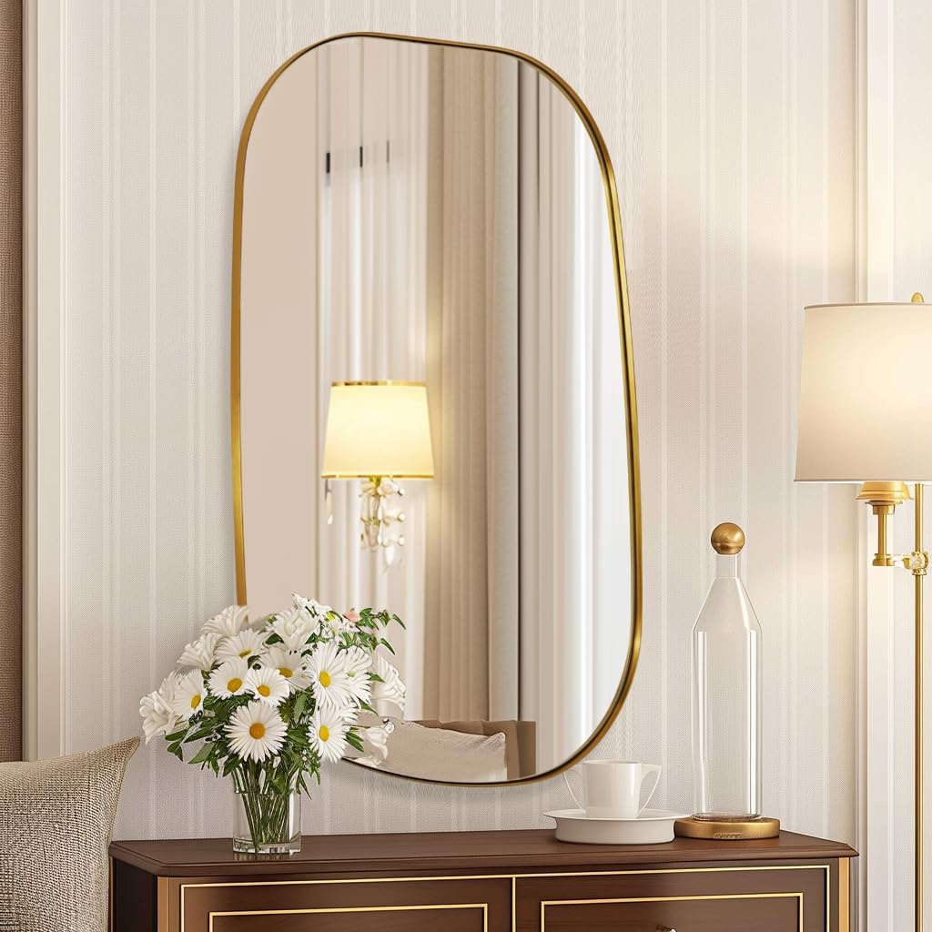 Chrome Asymmetrical Wall Mirror - Unique 24"x32" Irregular Design with SUS304 Stainless Steel Frame for Bathroom, Bedroom, Entryway