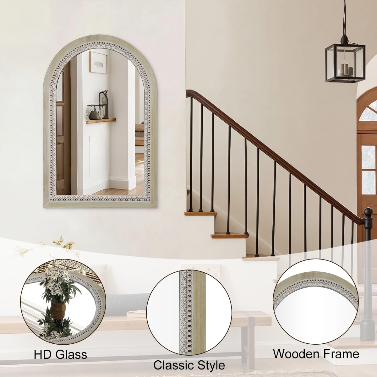 Arched Wooden Mirrors for Farmhouse Wall Decor Arched Wood Frame With Beads Details, Rustic Large Bathroom Vanity Mirrors for Bathroom, Over Sink, Bedroom, Living Room, Entryway,Foyer (36''Lx24''W)