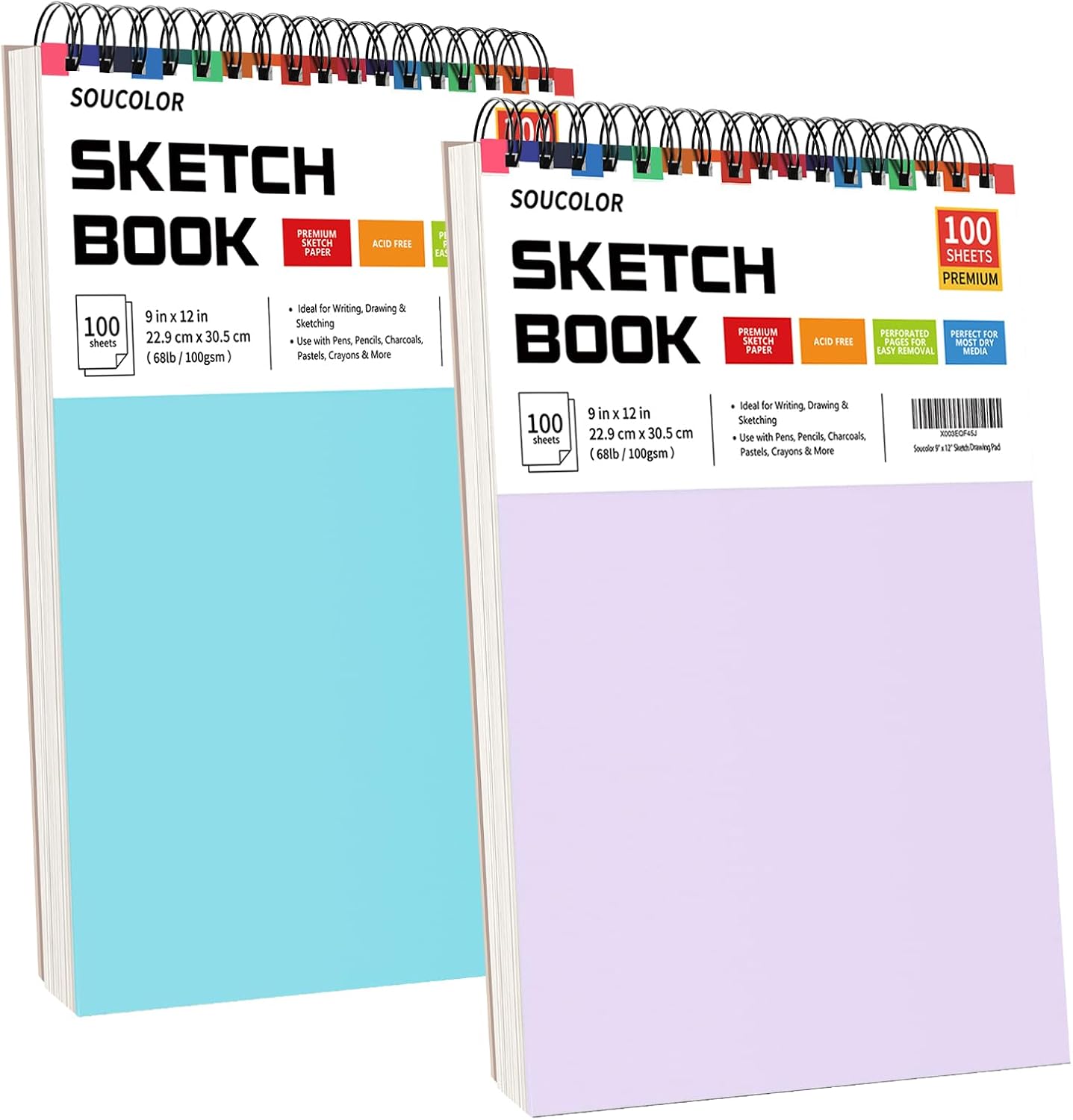 Soucolor Sketch Book - 9" x 12" Top Spiral Bound, 100 Sheets Acid-Free Drawing Paper | Ideal for Kids, Adults & Artists