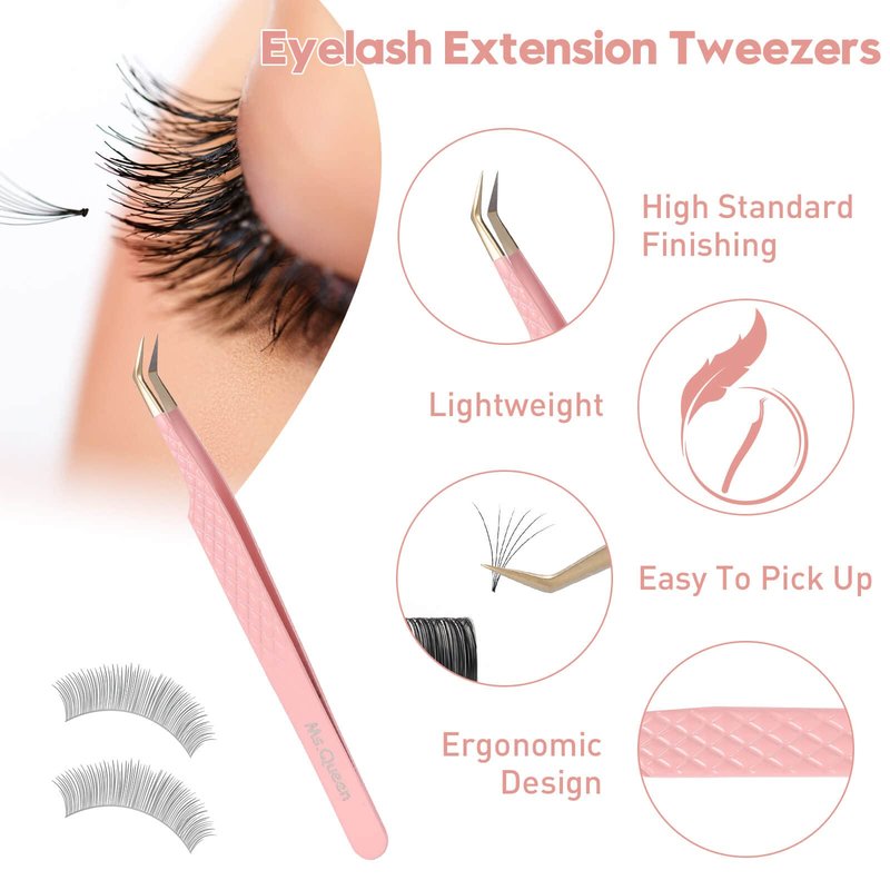 Ms.Queen Eyelash Extension Tweezers,4Pcs Fiber Tip Lash Tweezers for Volume Lashes Make Fans,45 90 Degree Boot Isolation Lash Tweezers Set
