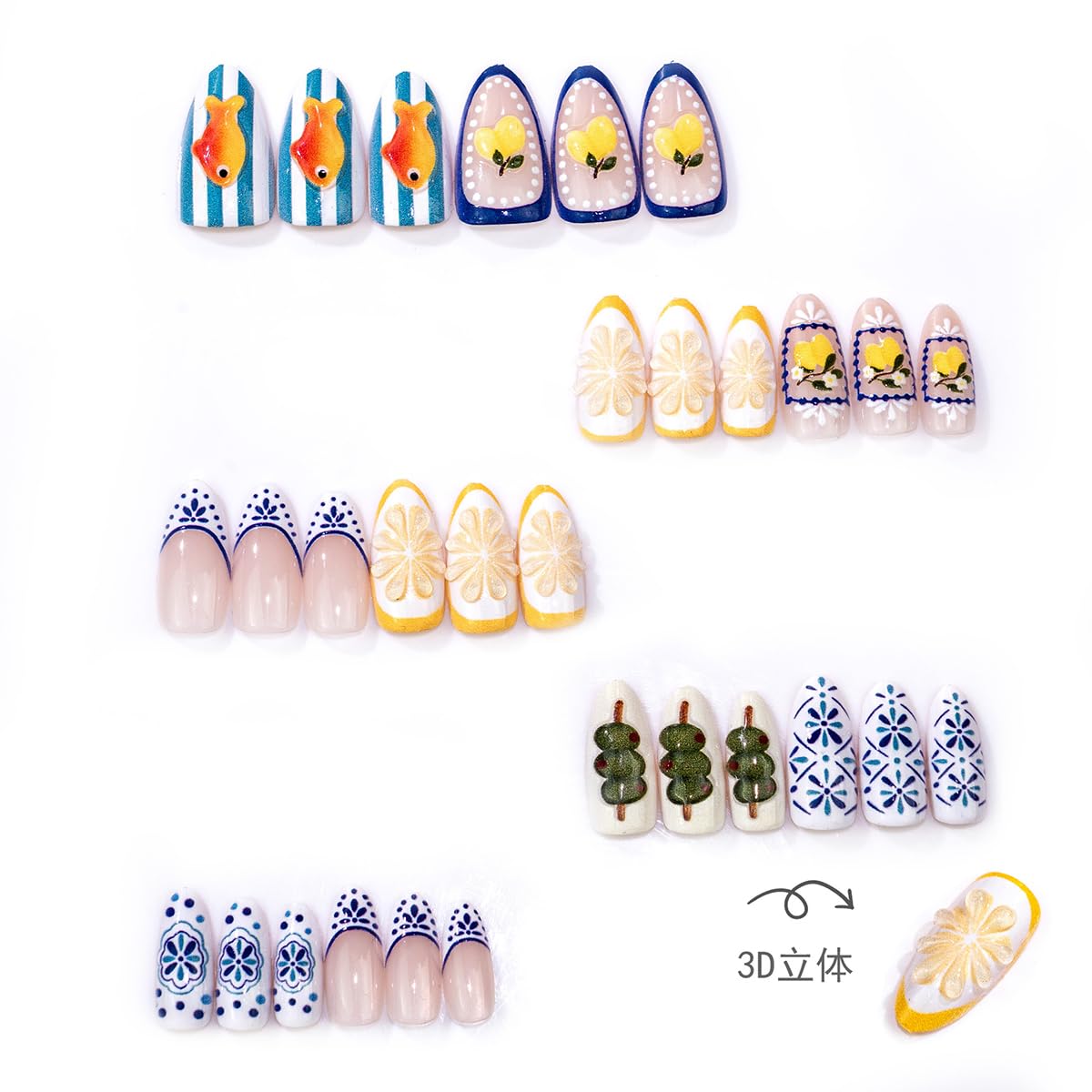 30Pcs Summer Press On Nails Almond Medium Fake Nails with 3D Goldfish Lemon & Blue Floral Design Bohemia Style French Tip Acrylic False Nails Reusable Full Cover Glue On Nails for Women Manicure
