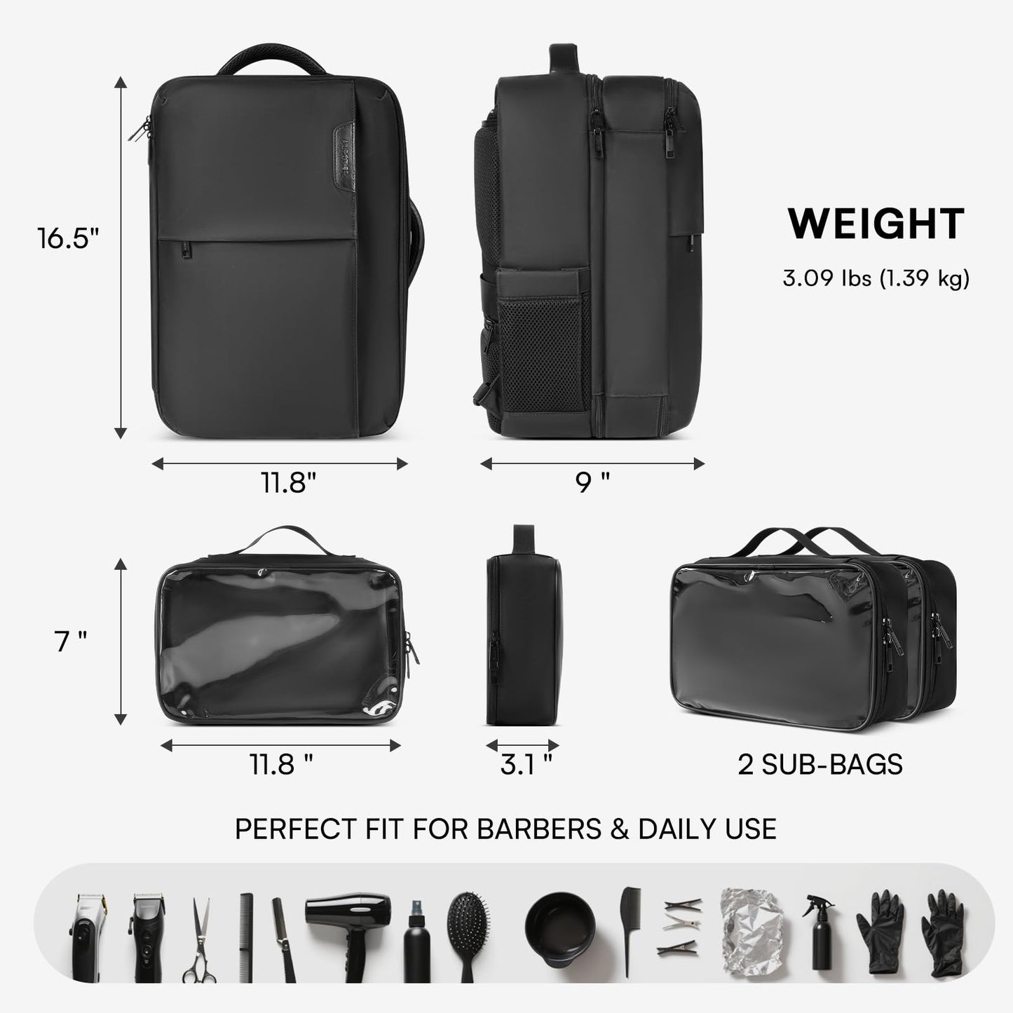 Barber Bag with 2 Pouches, Professional Hairstylist Travel Backpack with Adjustable Dividers, Hairdresser Hair Tools Bag with Insulated Pocket, Cosmetology Bags for Supplies, Water-resistant, Black