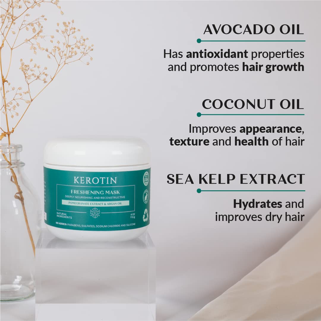 Keratin Freshening Mask - Natural Repair Treatment for Dry & Damaged Hair | Deep Conditioning with Argan Oil, Sulfate-Free, Curly Safe