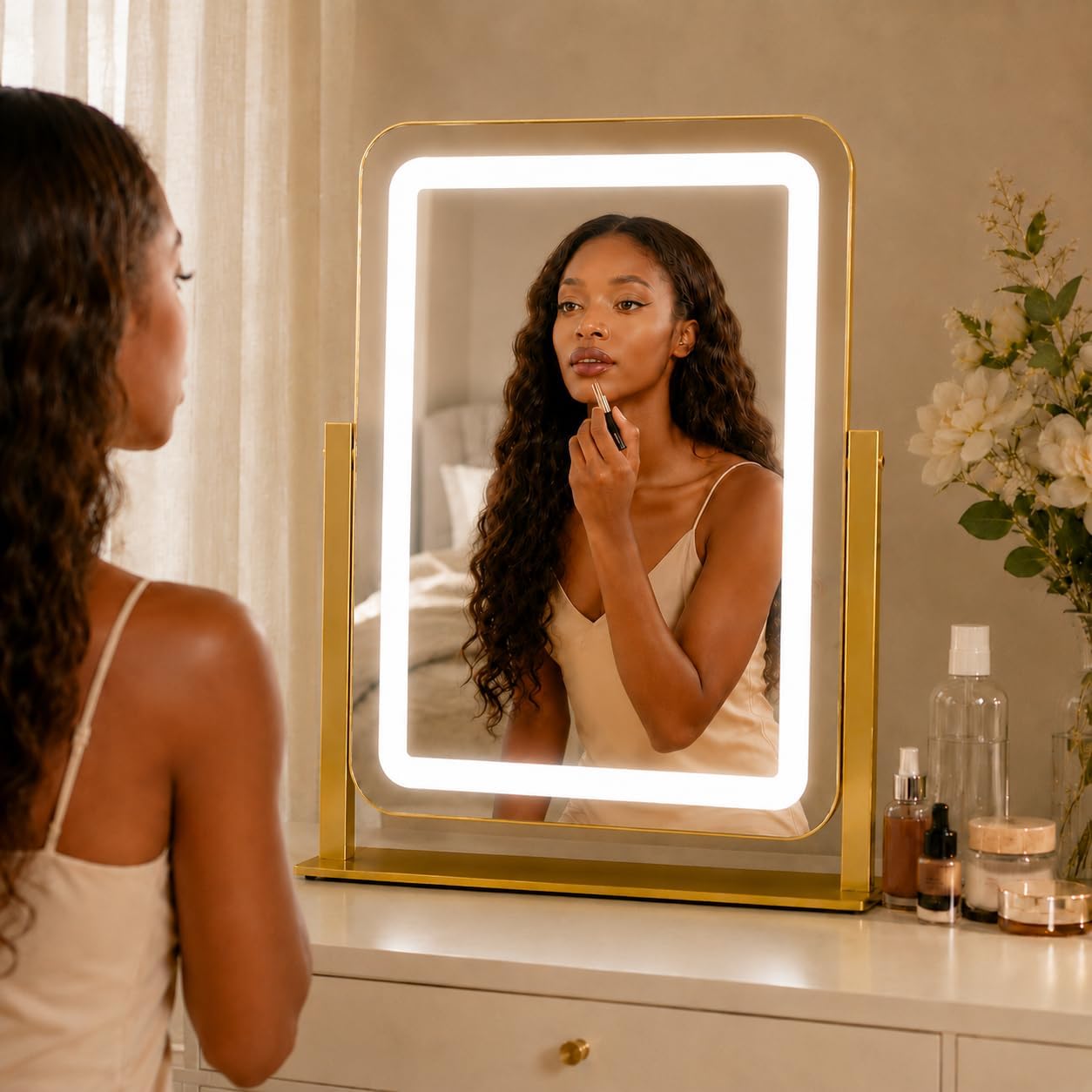 Gold Lighted Makeup Mirror - 15" x 13" Dimmable LED Vanity Mirror with Touch Control | 360° Rotation for Bedroom & Dorm