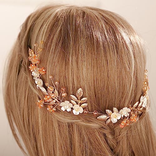 Gold Boho Bridal Flower Leaf Headband - Crystal Pearl Hair Vine