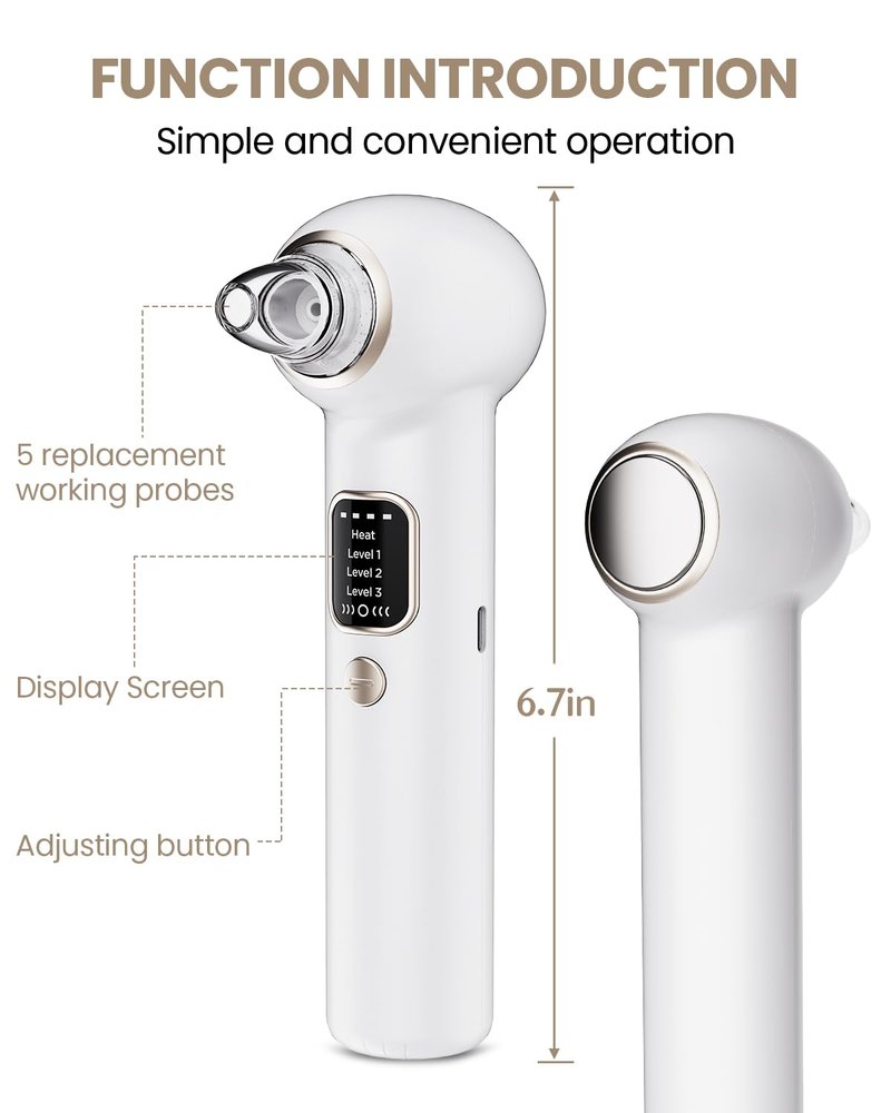 Blackhead Remover Pore Vacuum with Heating - Blackhead Extractor with 3 Adjustable Suction Levels, 5 Probes - Blackhead Remover Tools for Women & Men (White)