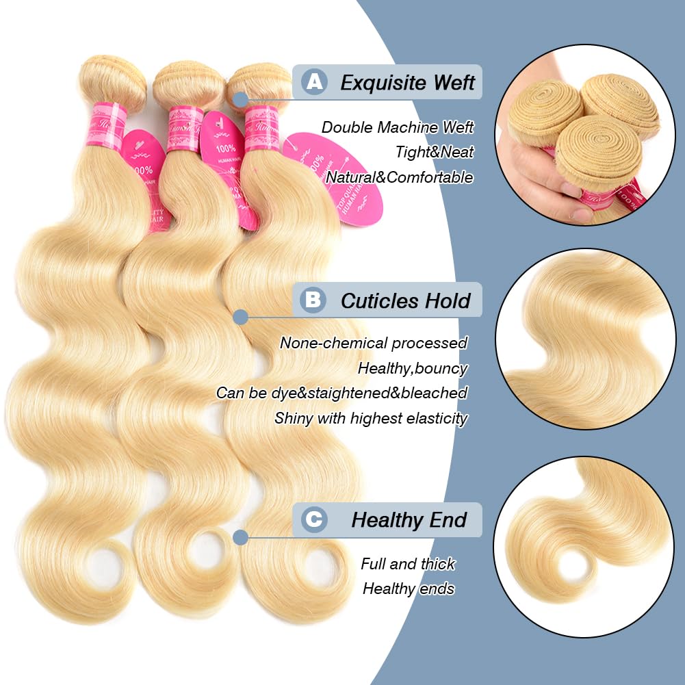 613 Blonde Body Wave Bundles 100% Unprocessed Brazilian Virgin Hair Blonde Human Hair 3 Bundles for Black Women Double Weft