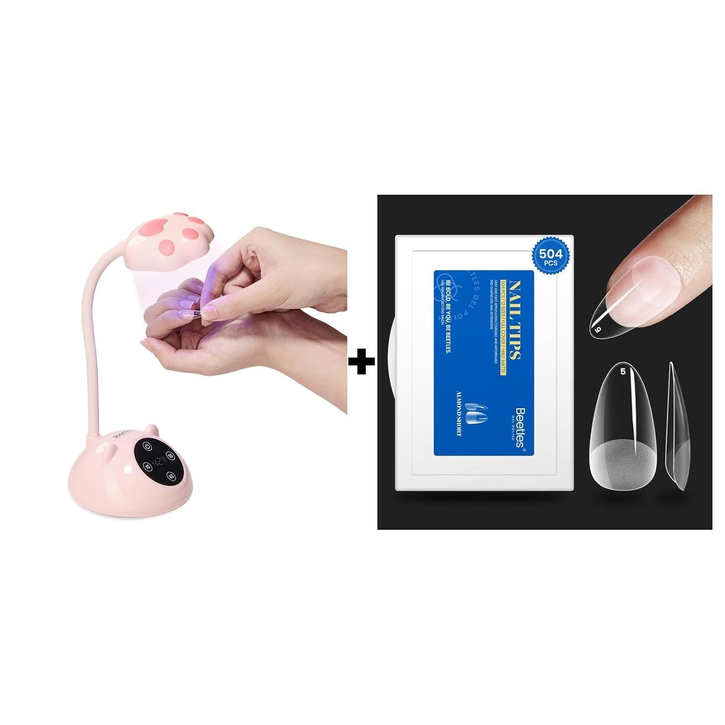 Beetles Gooseneck UV Nail Lamp - Meowgic StrawPurr Mini LED Light with Smart Sensor & 504PCS Gel Nail Tips in 12 Sizes | Short Almond, Etch-X Half Matte Full Cover