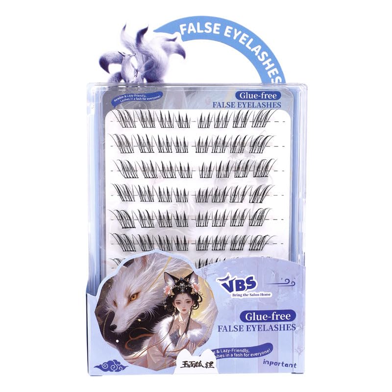 TELLSKY Jade Fox Blue Glue-Free Cluster Lashes - Wispy Fox Spirit Eyelash Extensions Kit for Beginners & Cosplay