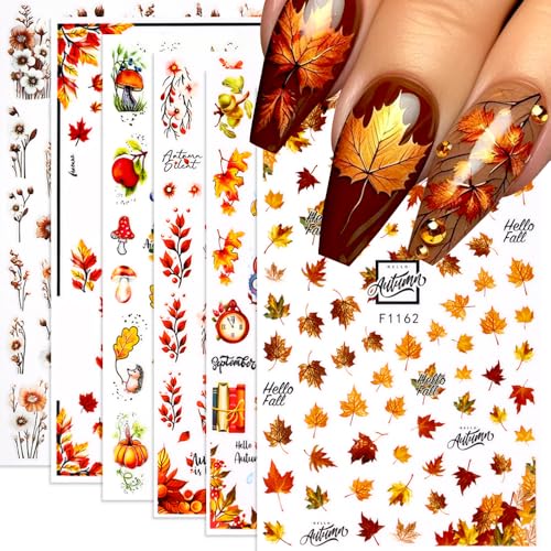 Qdsuh Style3 Fall Maple Leaf Nail Stickers 6 Sheets Autumn Thanksgiving Decor