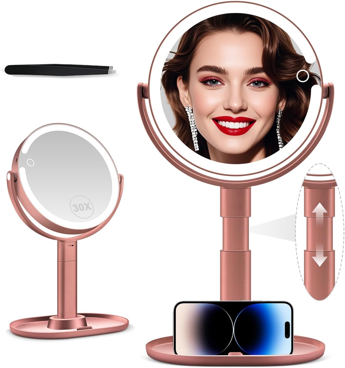 MIYADIVA 30X Magnifying Makeup Mirror with Lights - Adjustable Height, Dual-Sided, Phone Holder, 2000mAh Battery