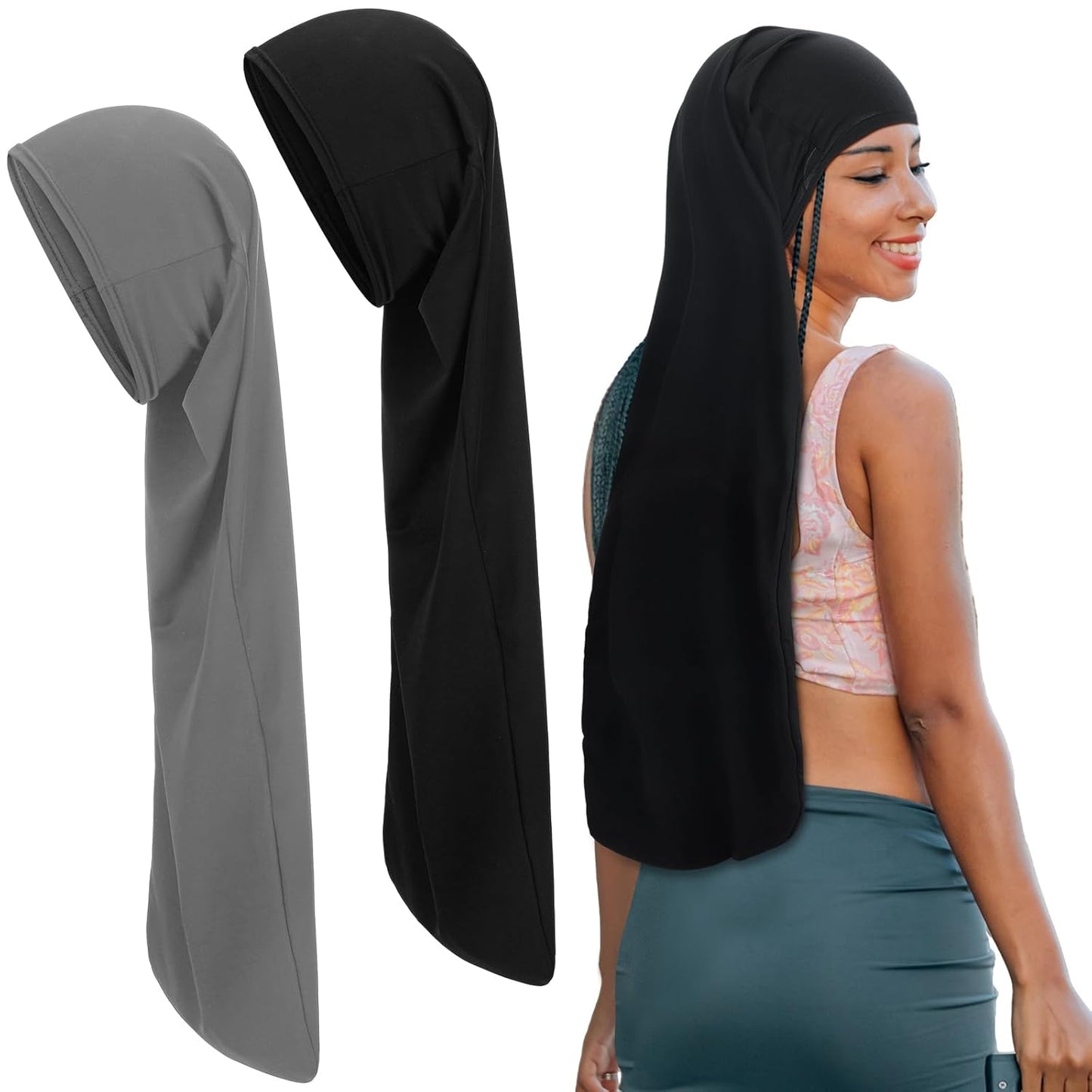 Jumbo Dreadlock Cap - 2 Pcs Hair Wraps for Men & Women | 37-Inch Black & Gray Sleeping Accessories