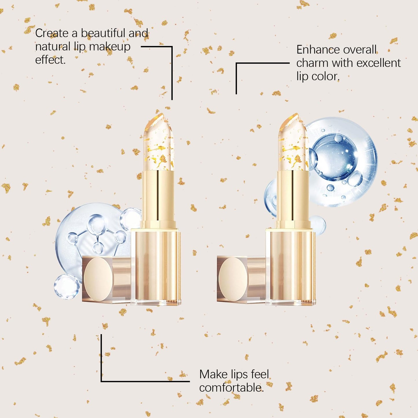 POOLJOY Transferproof Color Changing Lipstick, Gold Crystal Ph Lipstick Color Changing, Long Lasting 24 Hours Moisturizing Glossy Shine Lip Gloss for Women (2PCS)