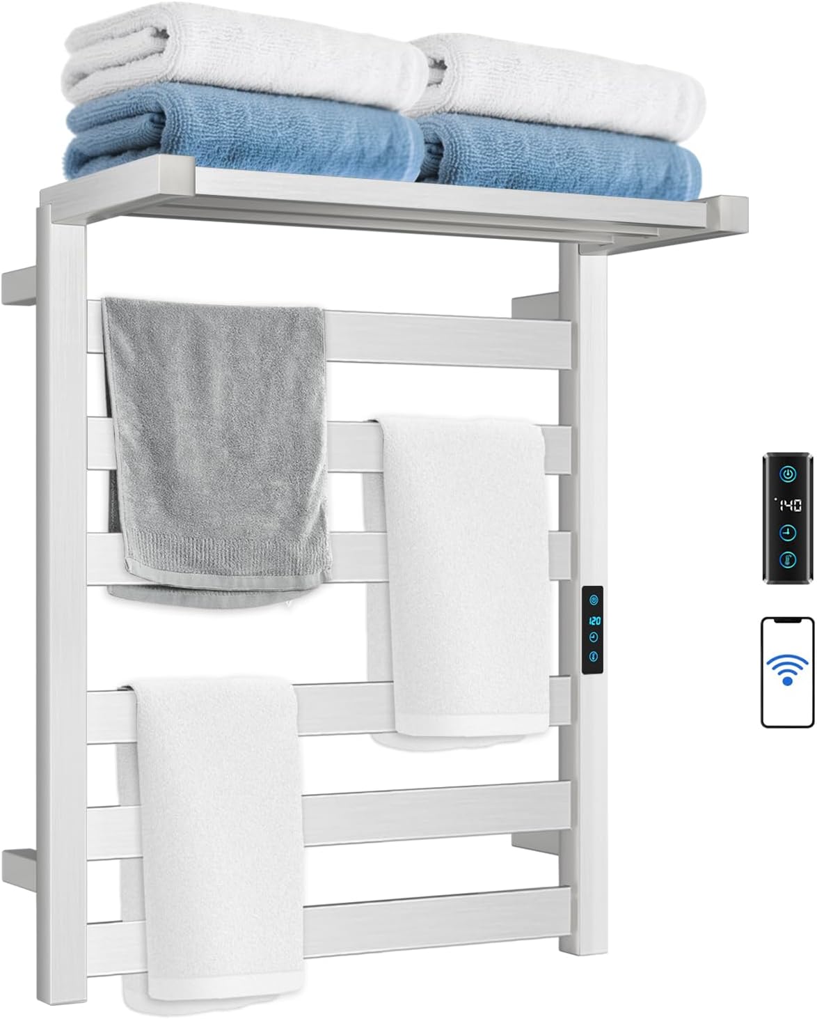 WiFi Heated Towel Rack - Electric Wall-Mounted Towel Warmer with LED Timer, Stainless Steel, 6 Bars | Brushed Nickel