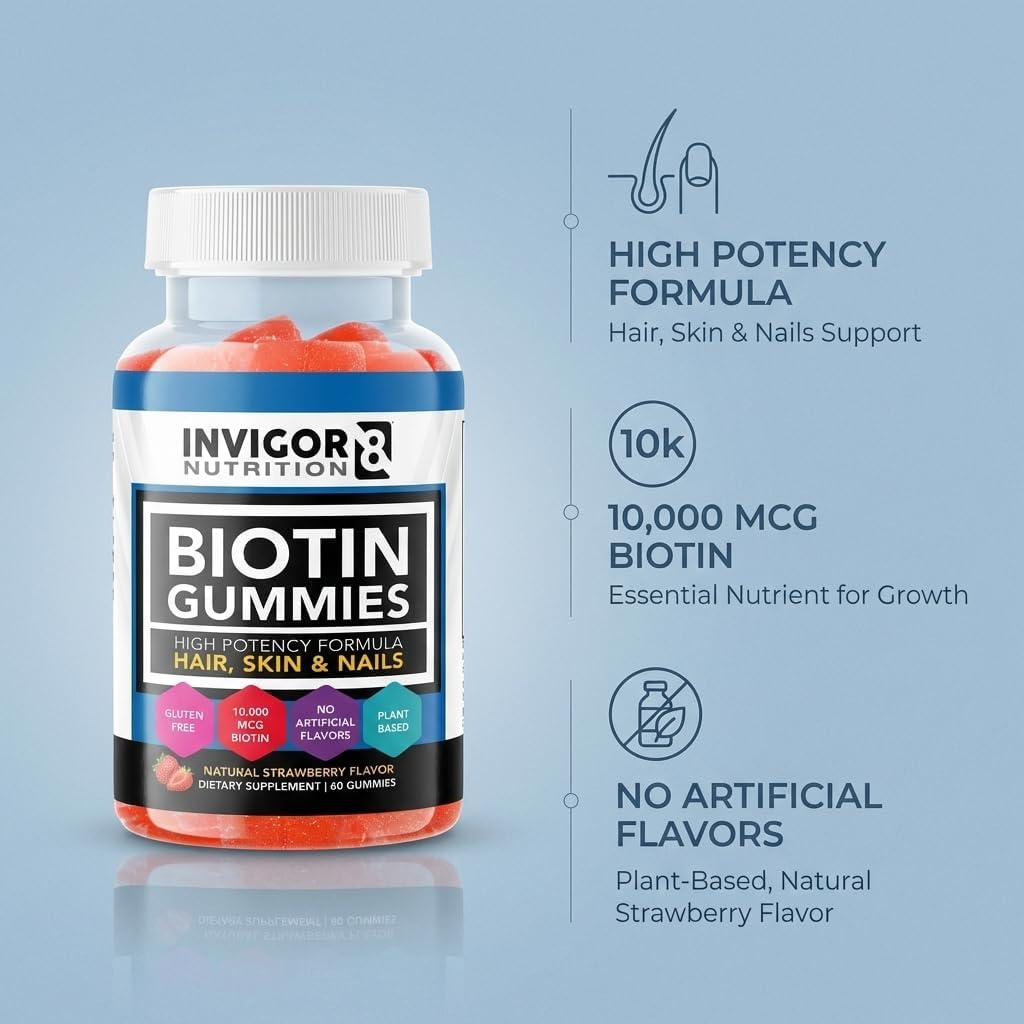 Biotin Gummies for Hair, Skin & Nails - Vegan 10000mcg Strawberry Flavor | 60 Count
