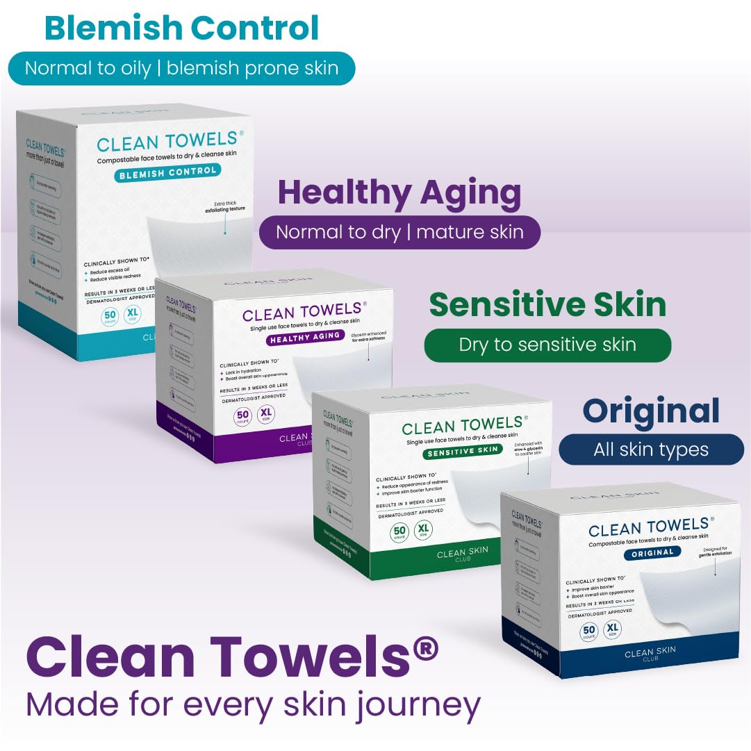 CLEAN SKIN CLUB Healthy Aging Clean Towels® | XL Disposable Face Towels - Reduces Fine Lines & Wrinkles (50 Count)