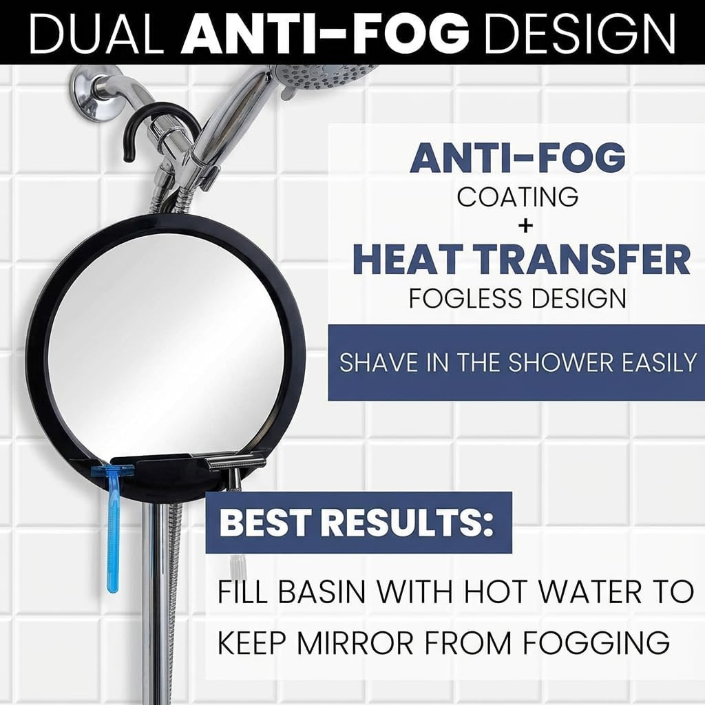 Dual Anti-Fog Shower Mirror for Shaving - Fogless Shatterproof Surface | 8" Diameter, Black