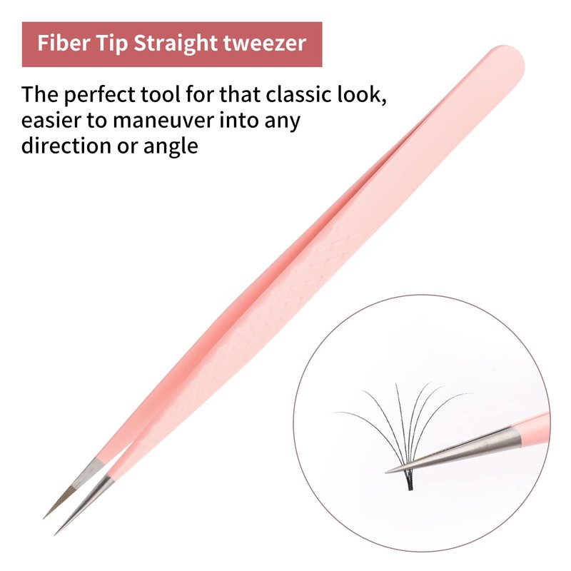 FADLASH Precision Lash Tweezers - Straight Fiber Tip Eyelash Extension Tweezers - Professional Artist Tech Work Kit - Pink
