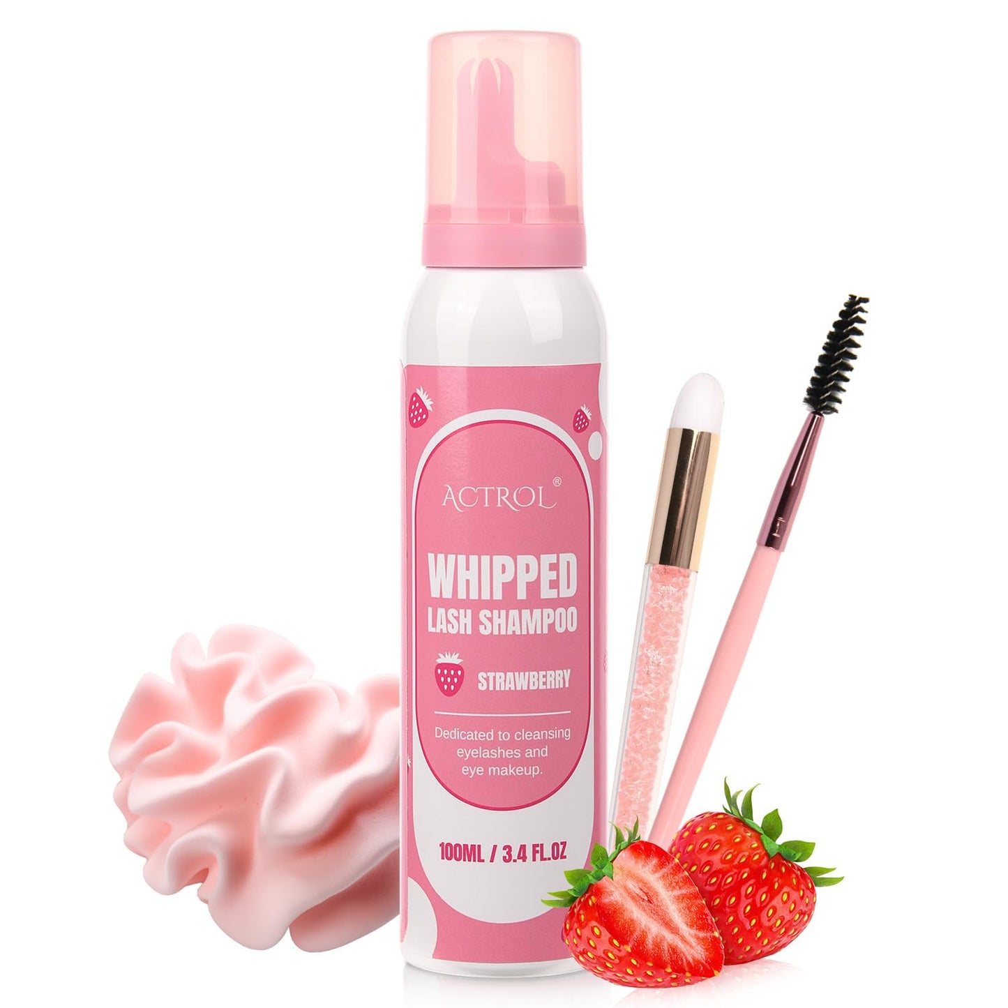 ACTROL Whipped Lash Shampoo for Lash Extensions, 100ml Strawberry Scented Eyelash Cleanser Foaming Wash with Brush Eyelid Eye Makeup Remover for Salon and Home Use