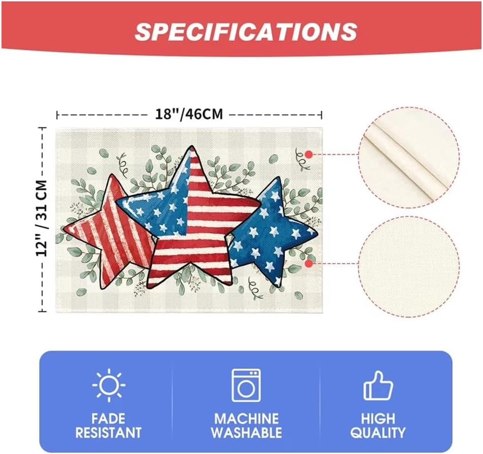 Retro Stars Independence Day Placemats - 250th Anniversary Table Mats for July 4th | 18 x 12 Inch Kitchen Decor
