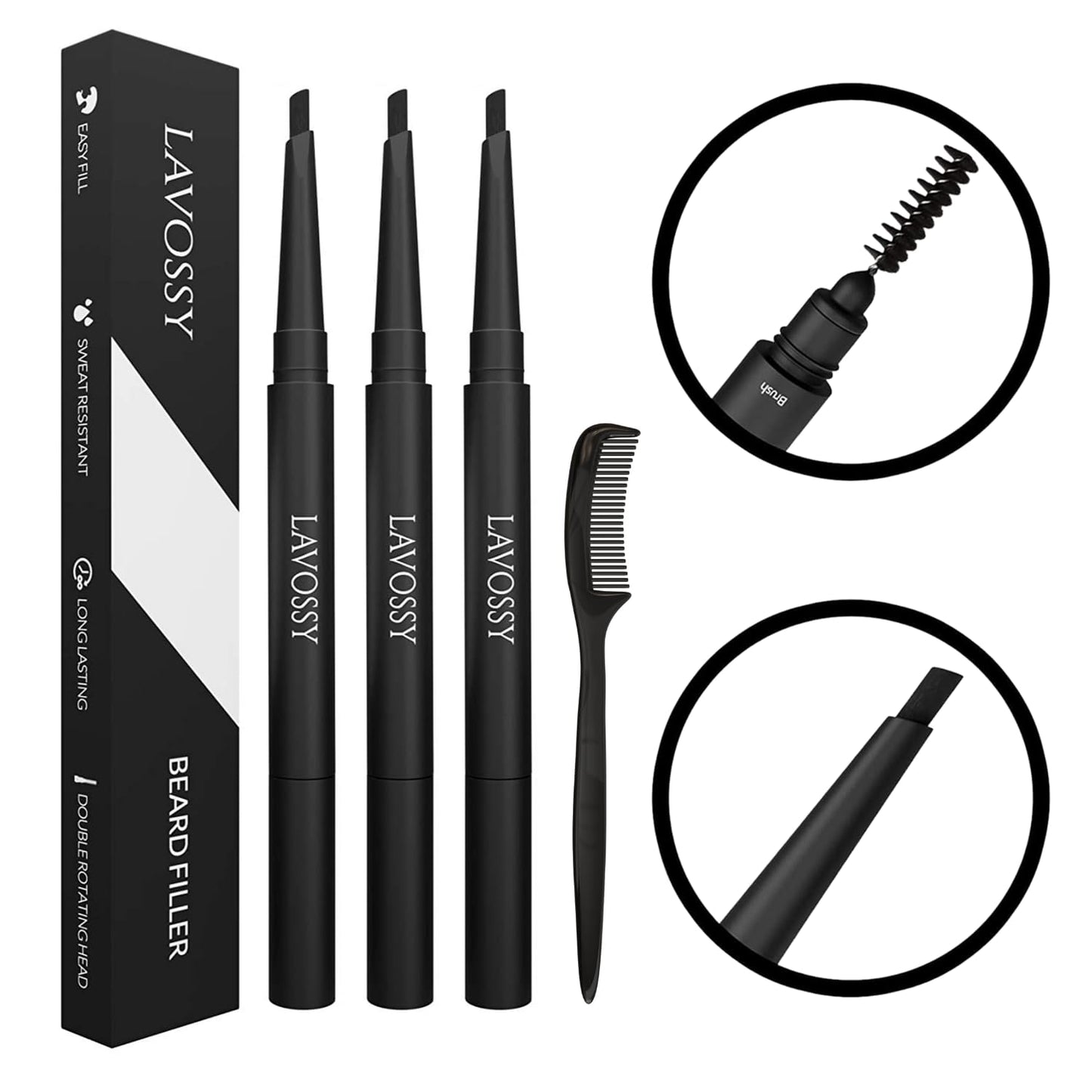 LAVOSSY Beard Pencil Filler for Men - Long Lasting and Easy to Use Beard Pen with blending brush results in a sleek & natural look, Water/Sweat Proof filler (Dark Brown, Value Pack (Pack of 3))
