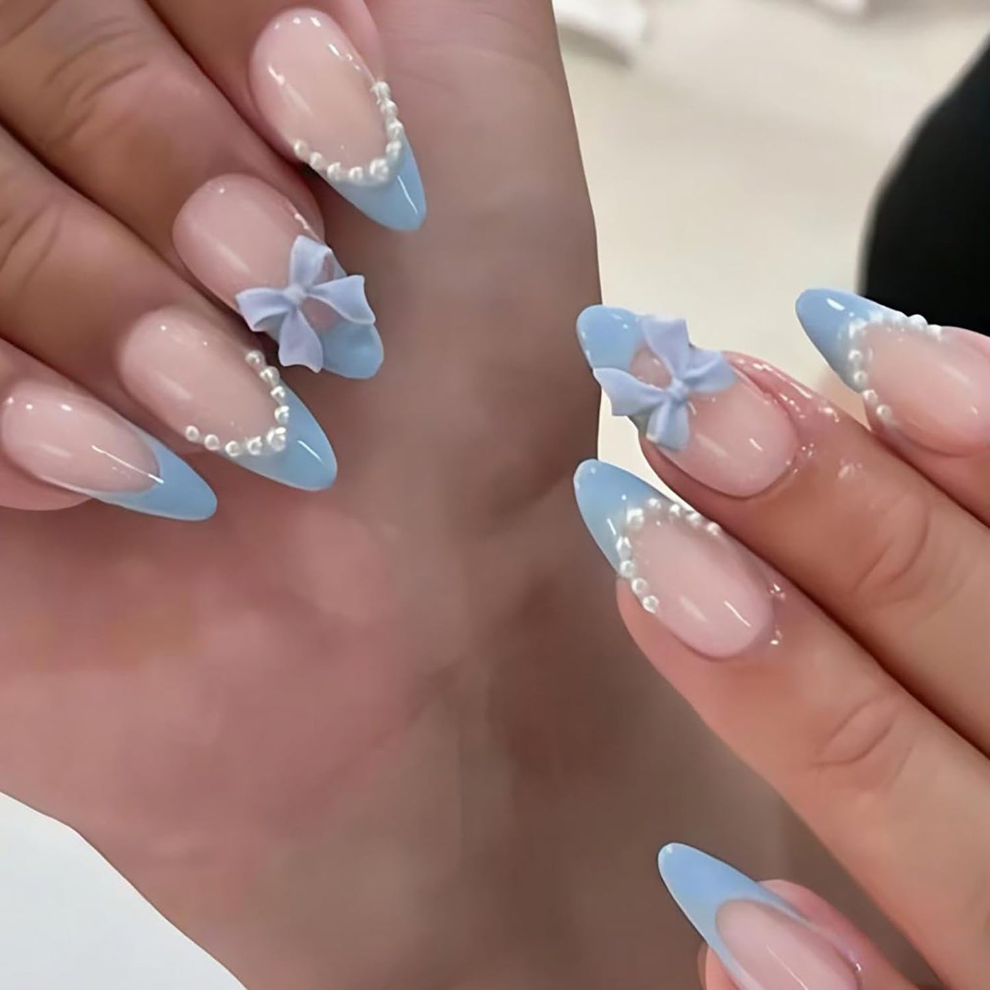 French Tip Press-On Nails - 24Pcs Medium Almond Colorful Star Design | Spring Flower Acrylic Manicure