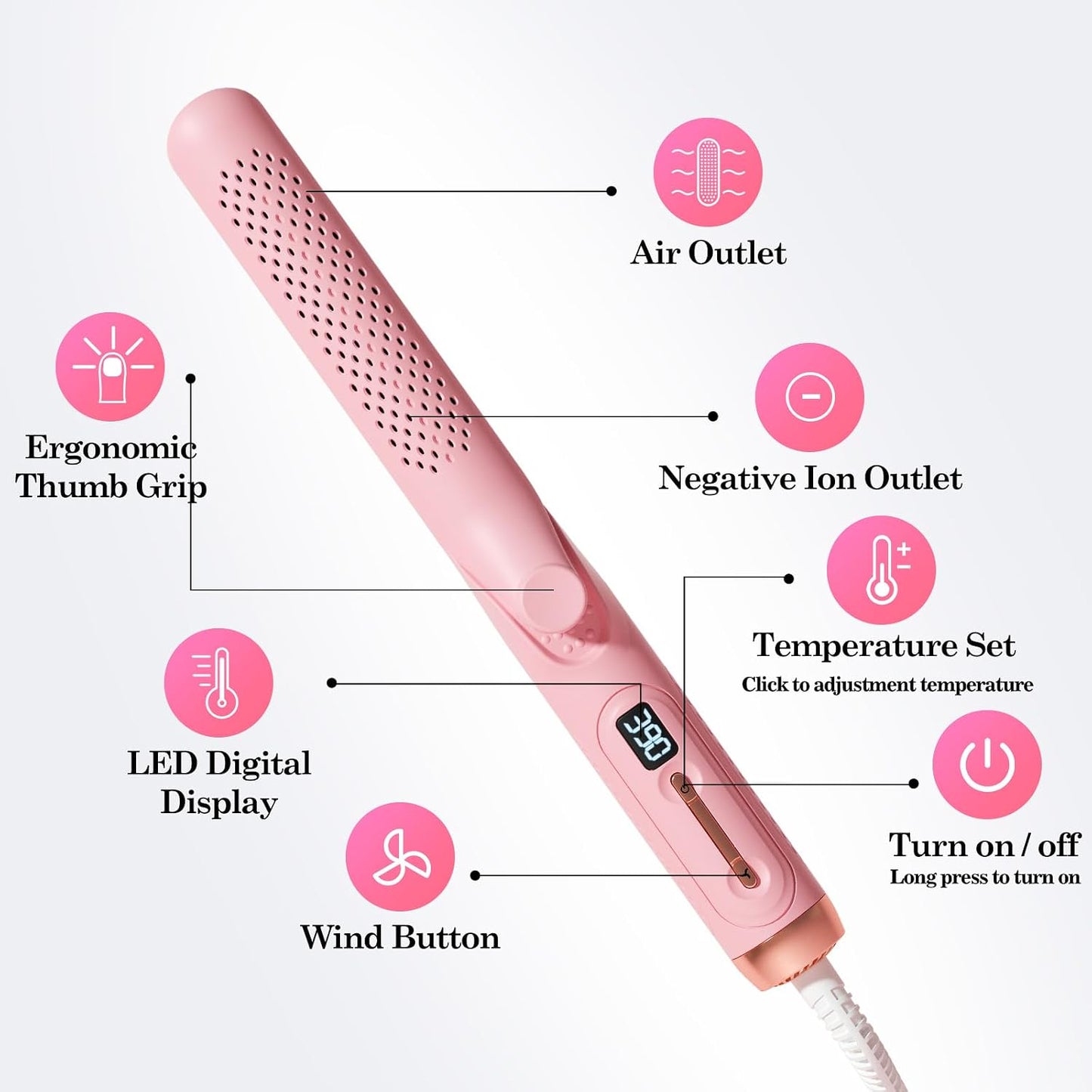 Hahahope 2-in-1 Hair Straightener and Curler - 360° Airflow Styler, 1.25" Dual Voltage, Light Pink