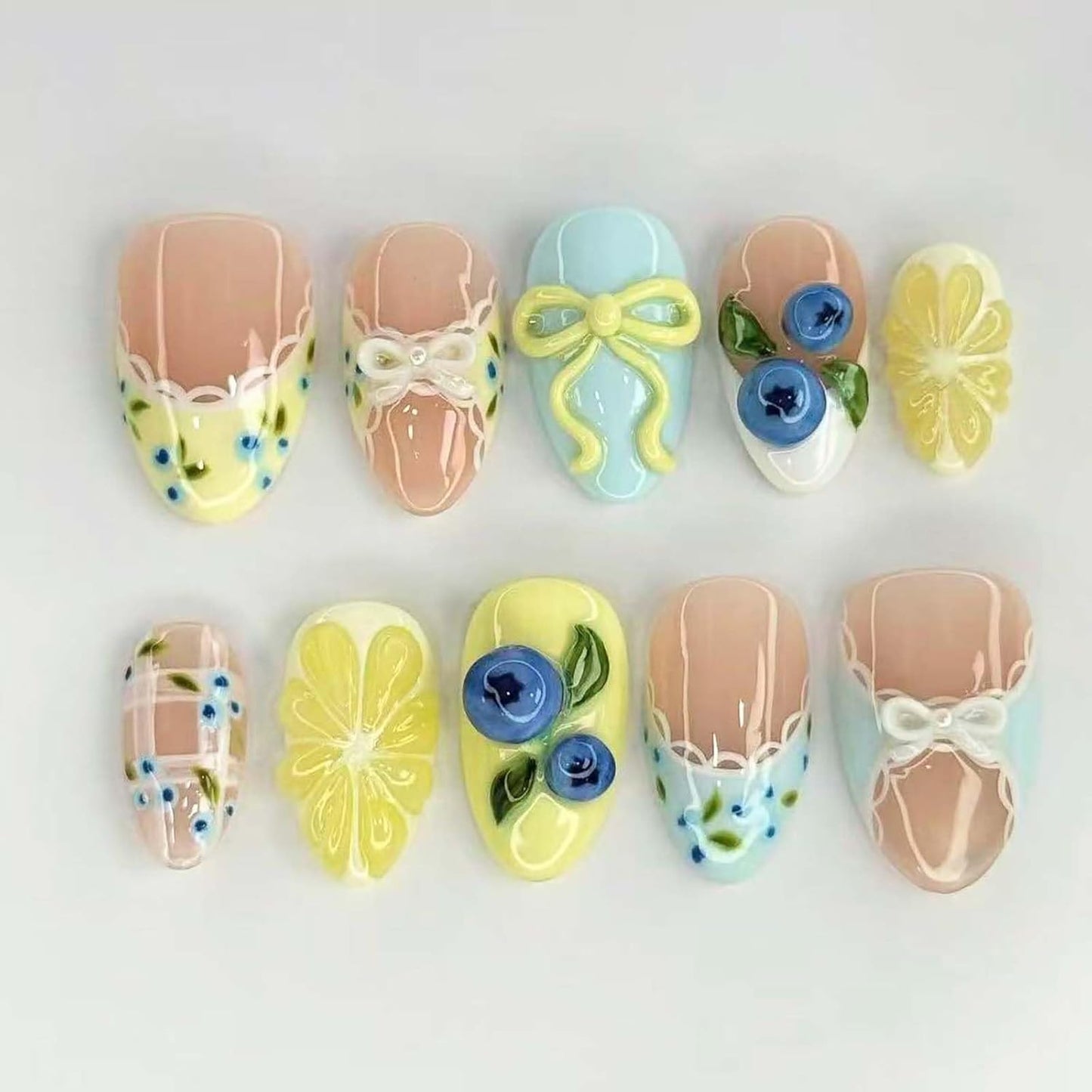 Press-On Nails - 24Pcs Medium Almond Beach Flower Design | Full Cover Acrylic with Shell & Starfish Rhinestones