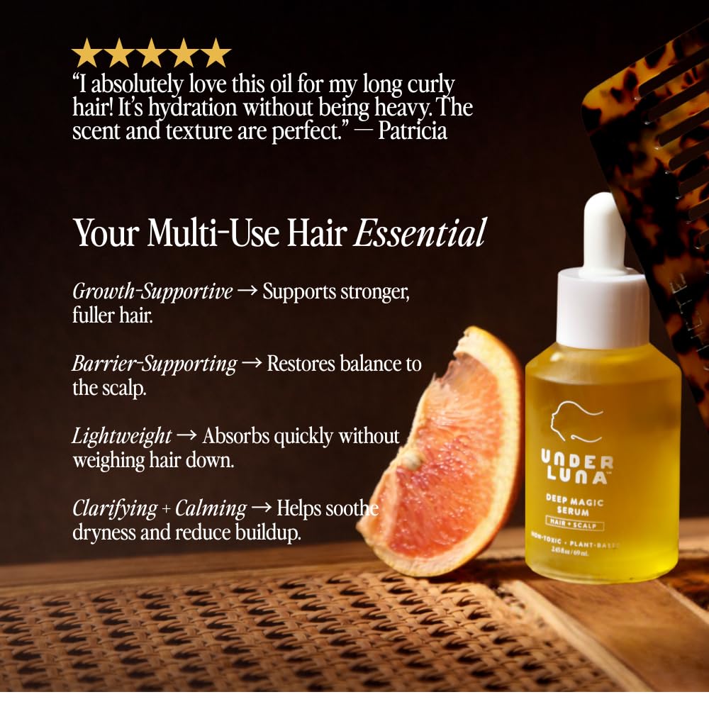 Under Luna Deep Magic Hair + Scalp Serum | Leave-In Hair Protectant & Dry Scalp Treatment | Smooths Frizz, Supports Scalp Comfort | Silicone-Free, Vegan, Plant-Based | 2.45 fl oz