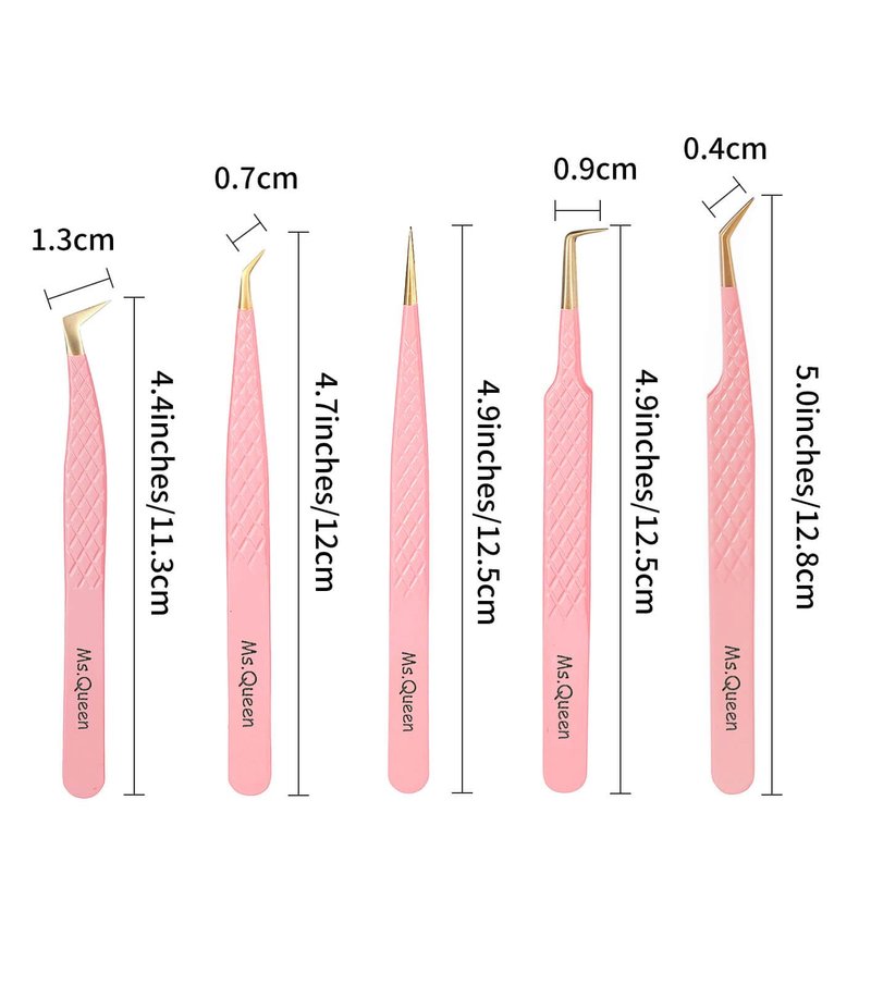 Ms.Queen Eyelash Extension Tweezers Set,5Pcs Fiber Tip Grip Isolation and 45 90 Degree Volume Lash Tweezers for Eyelash Extensions