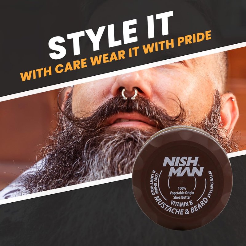 nishman Mustache & Beard Styling Wax with Argan Oil, Sweet Almond Oil, Jojoba Oil | Low Shine & Light Hold