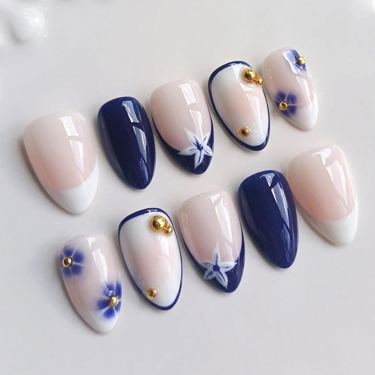 Press-On Nails - 24Pcs Medium Almond Fake Nails with Lotus & Lucky Koi Design | Glossy Full Cover for Spring/Summer DIY Manicure