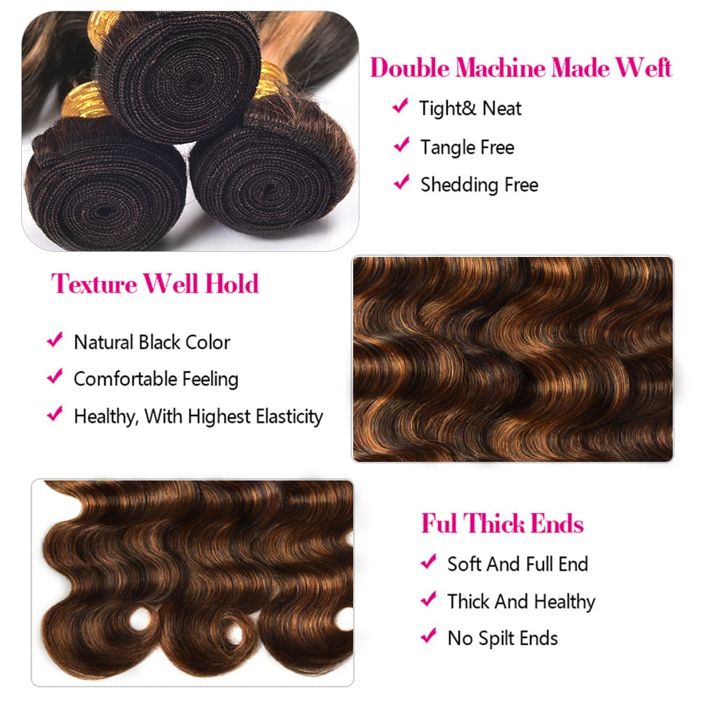 Brown Bundle Highlight Body Wave Human Hair Bundles 26 28 30 Inch Brazilian Virgin Hair 3 Bundlesa Two Tone P1B/30 Body Wave Human Hair Extensions