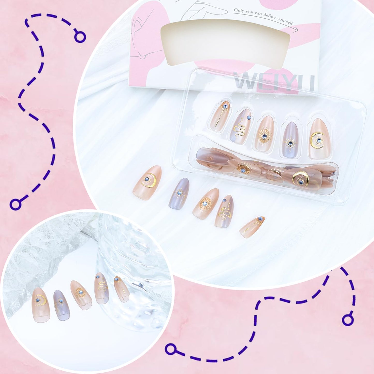 Gold Star Press-On Nails - 30 Pcs Medium Almond Acrylic with 3D Blue Rhinestones | Bohemian Style