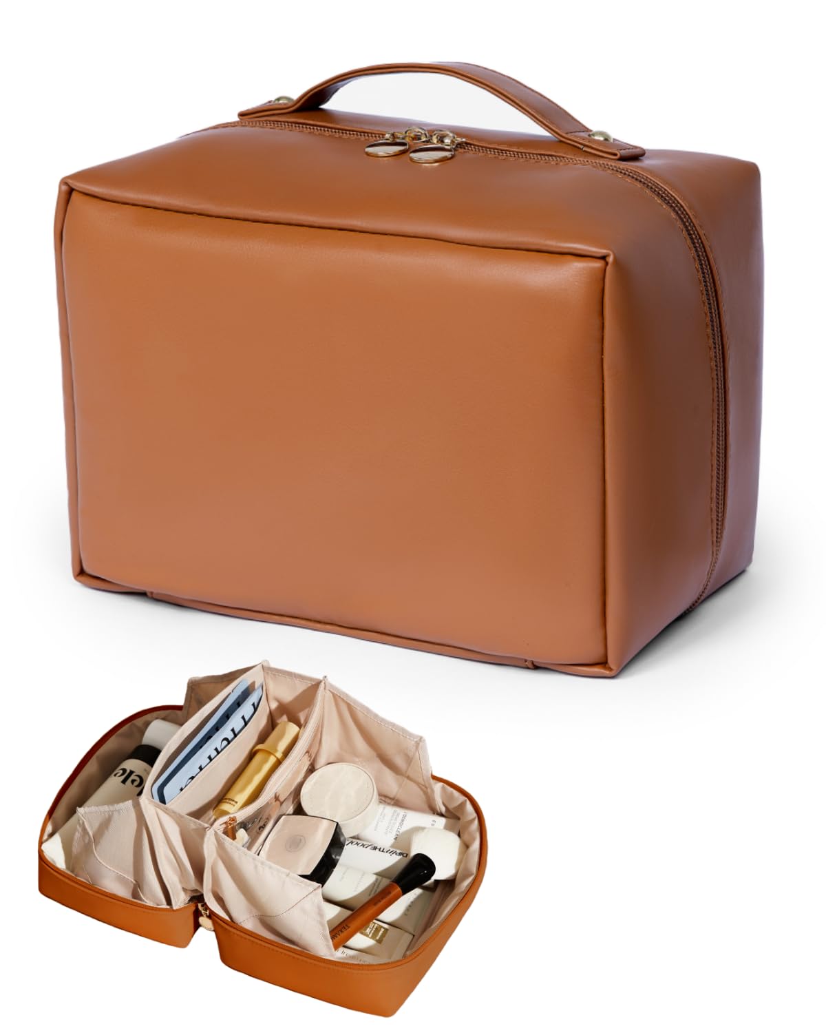 WecMec Travel Makeup Bag Large Cosmetic Organizer Bags for Women 180° Flat Open Makeup Case with Compartments Waterproof PU Leather Toiletry Bag for Skincare, Brushes & Beauty Travel Essentials