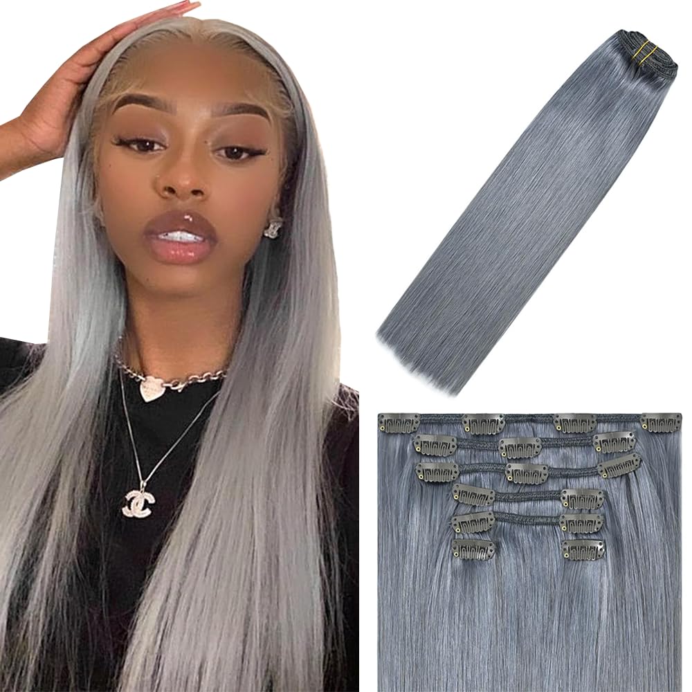 Grey Clip in Hair Extensions Real Human Hair, 14 Inch 120g/7Pcs,Full Shine Remy Human Hair,Gray Straight Clip ins Brazilian Virgin Human Hair Extensions