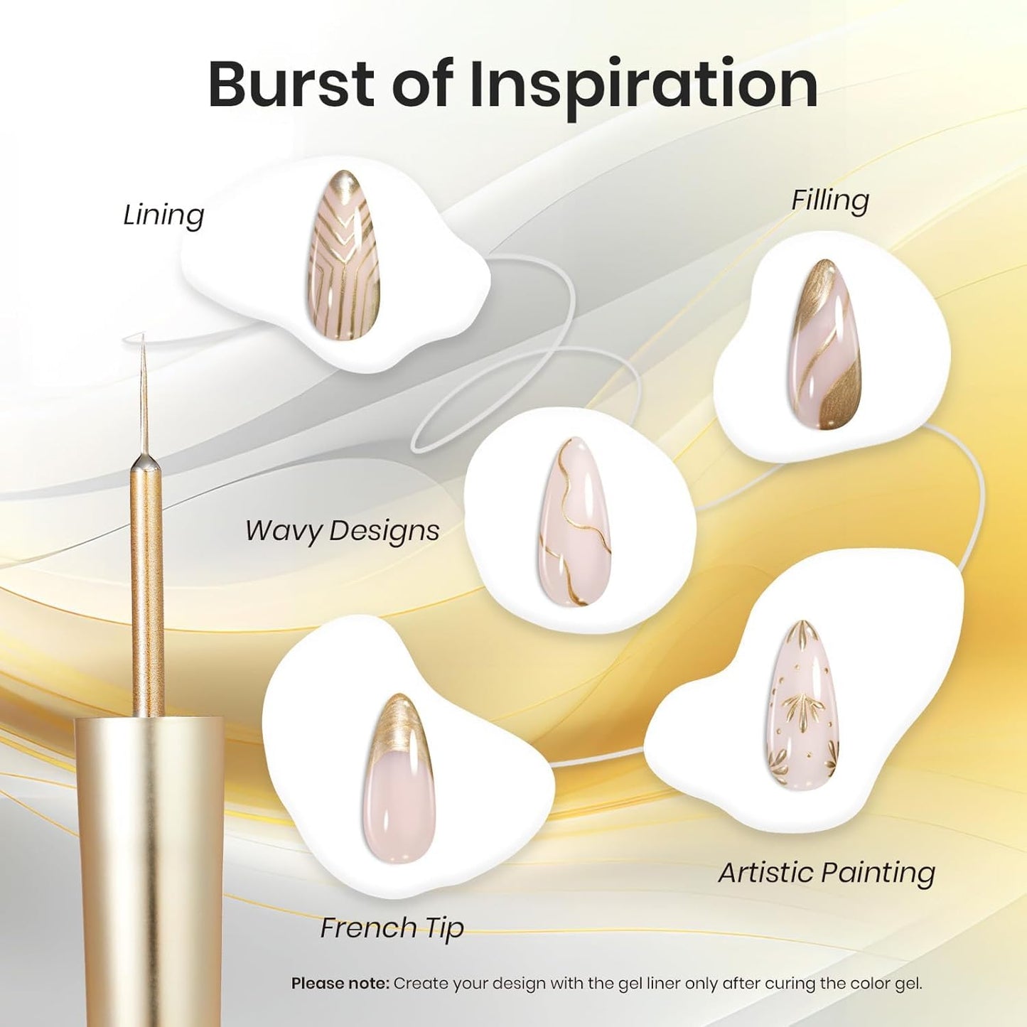 Beetles Metallic Gel Nail Polish Liner Set Silver Bronze Gold 2pcs Gel Liner Nail Art French Tip 3D High-Gloss Effect for Nails Paint Design with Build in Thin Brush DIY Soak Off Uv Lamp Manicure