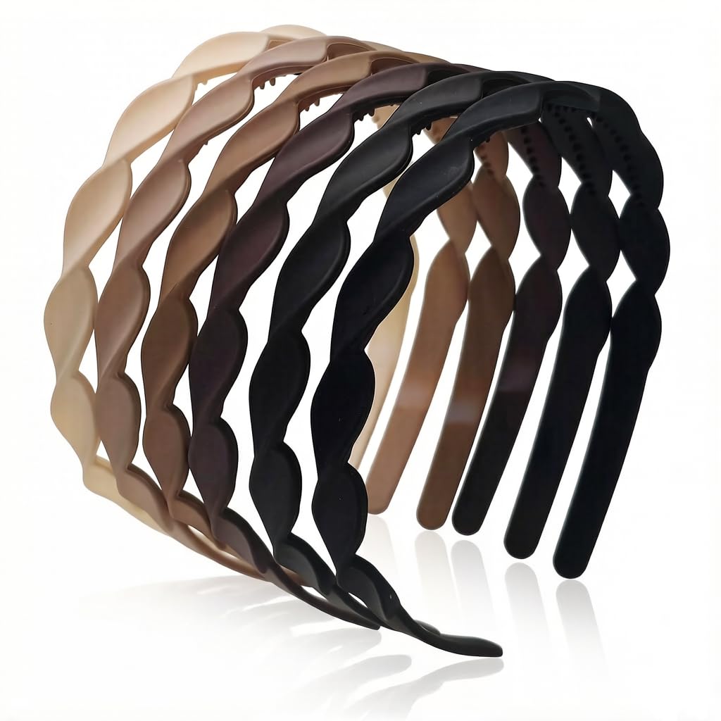 Wavy Plastic Headbands for Girls & Women - 6pcs Non-Slip Scalloped Design | Matte Flexible Hair Accessories