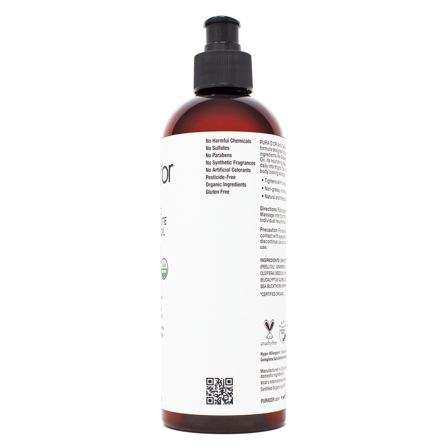 PURA D’OR 16 Oz Organic Anti-Cellulite Massage Oil for Toned Legs and Butt - Lemon Peel, Moringa, Grape Seed, Grapefruit & Eucalyptus Oils - Skin Firming & Tightening