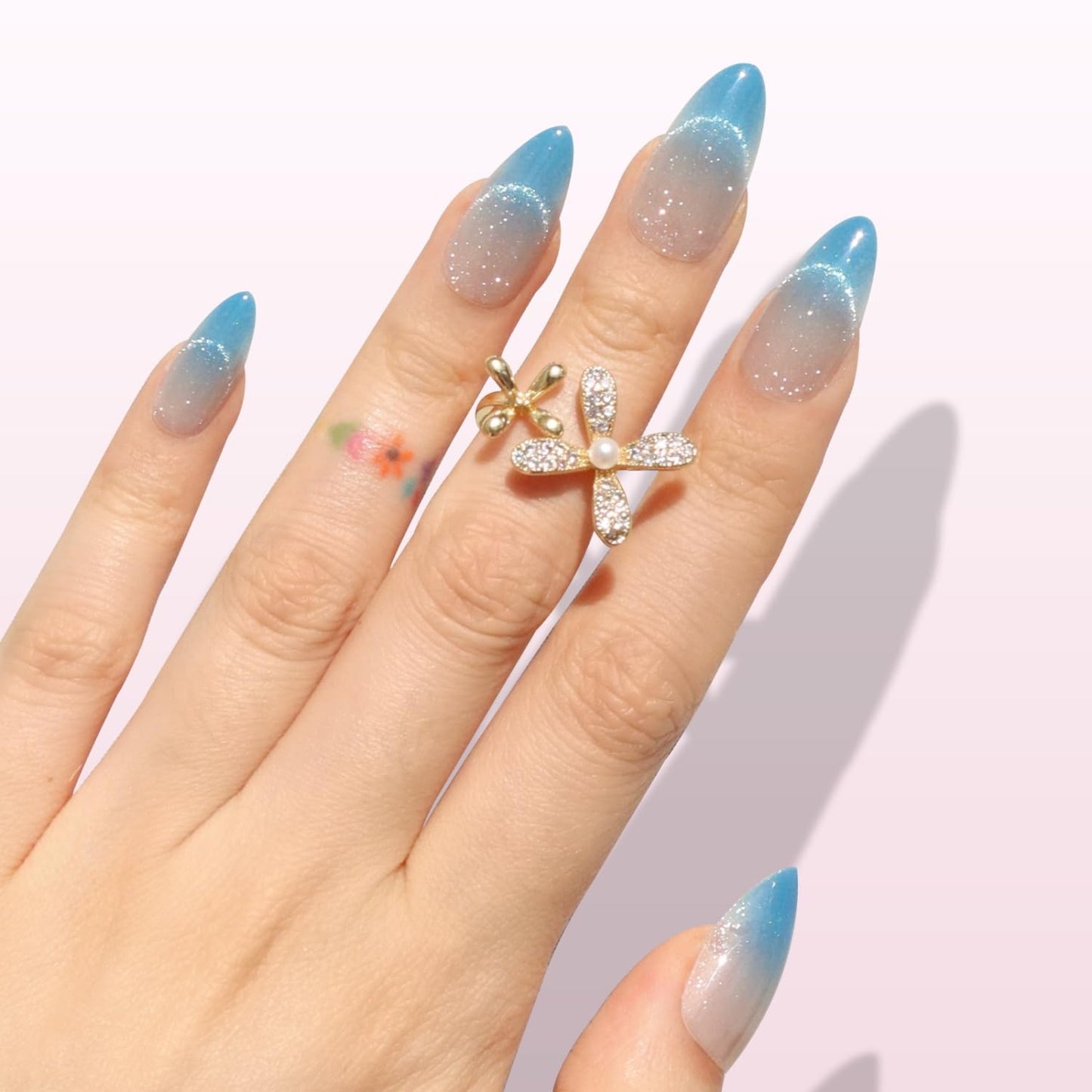Ombre Blue Velvet Shimmer Press-On Nails | Medium Almond Glitter French Tips - 30 Nail Kit with Glue, Reusable in 15 Sizes