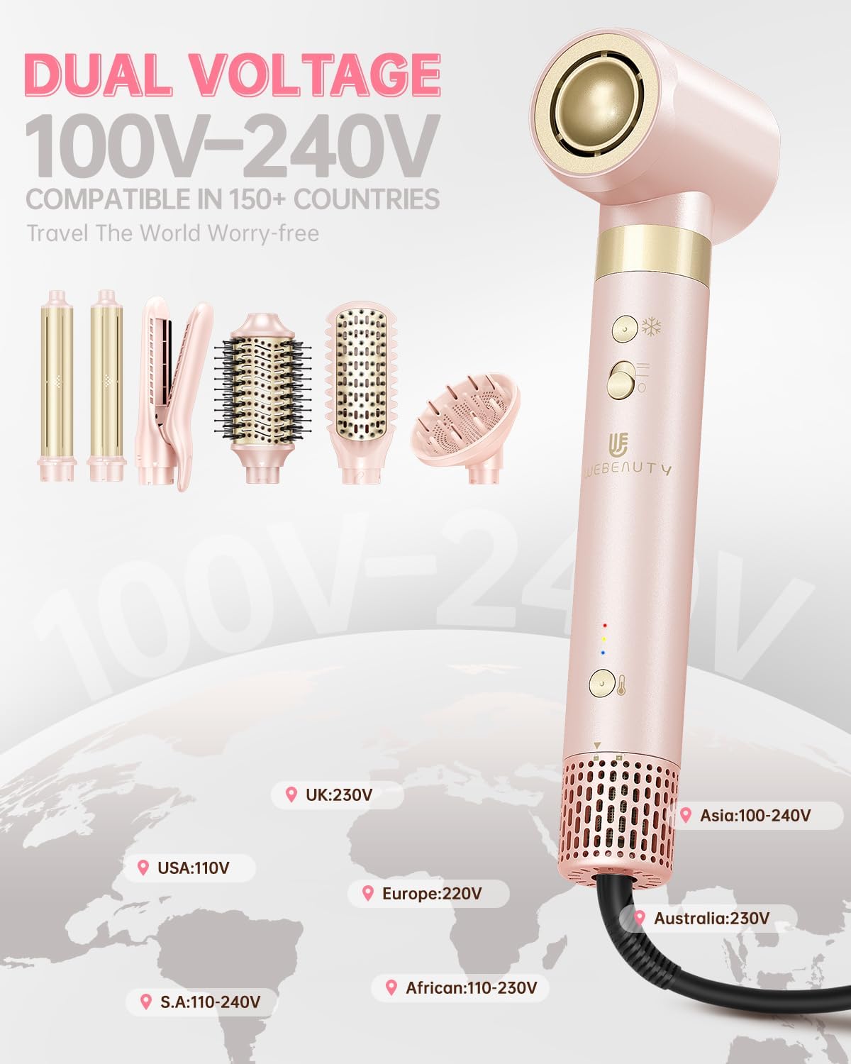 Hair Dryer Brush 8-in-1 Hot Air Styler | Fast-Drying Ionic Blow Dryer with Straightener & Curler Attachments - Pink