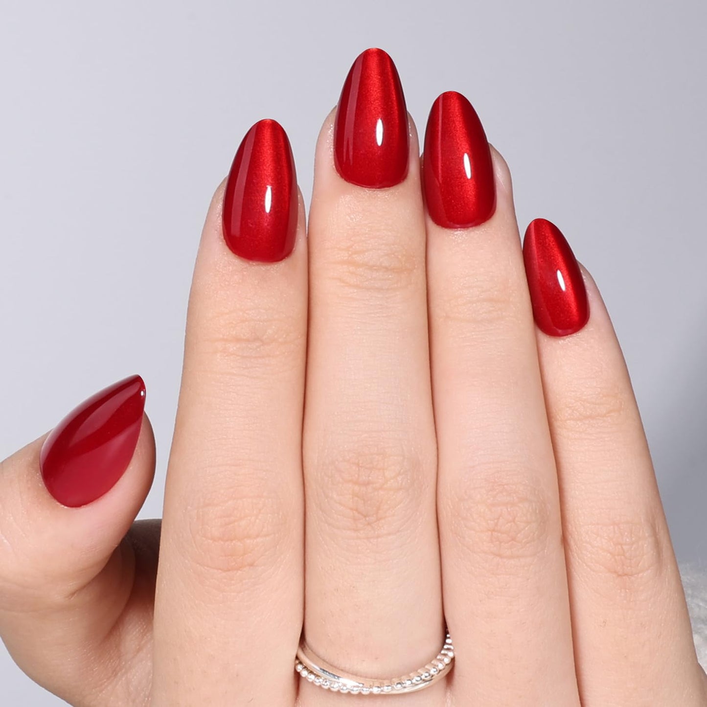 Red Cat Eye Press On Nails - Almond Short Reusable Fake Nails | 32pcs in 16 Sizes, Garnet Color