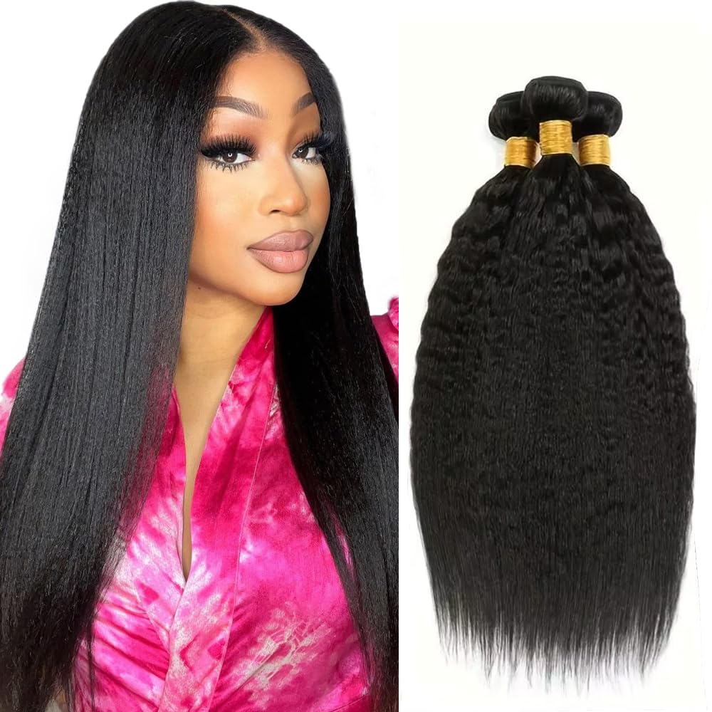 24 26 28 Inch Kinky Straight Human Hair Bundles Yaki Straight Human Hair Bundles Natural Black Bundle Unprocessed Yaki Bundle 150g