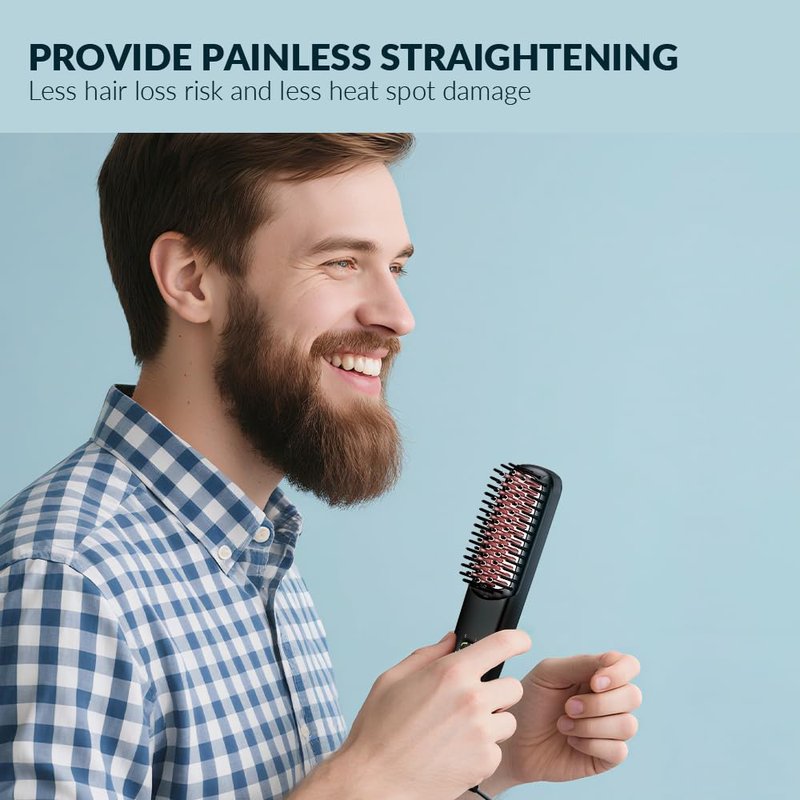 Beard Straightener for Men, Heated Beard Brush with Anti-Scald Design, Fast Straightening for Thick & Curly Beards, 5 Heat Settings Ionic Beard Comb, Travel Grooming Kit