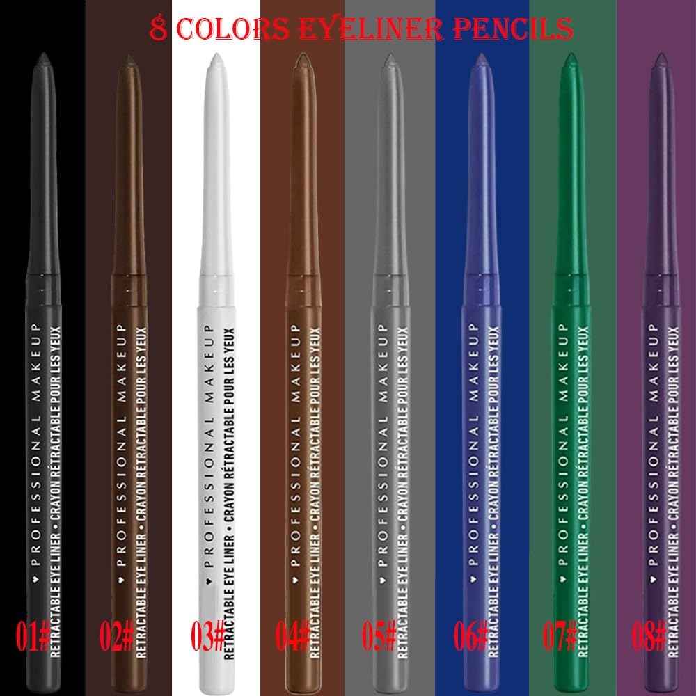 Retractable Creamy Eyeliner & Eyeshadow Sticks - Ultra Pigmented Matte Finish | 4 Pcs in Black, White, Brown, Blue, Purple, Green, Gray