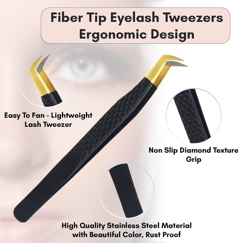My Lash Tools Fiber Tip Lash Tweezers for Eyelash Extensions Professional Lash Tech Supplies Must Haves Volume Boot Eyelash Tweezers 12cm Stainless Steel Mink Fan Making Lashing Tweezer (Black)