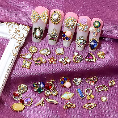 JALIYA 50pcs Gold 3D Nail Charms for Acrylic Nails – Mixed Styles, Rhinestones & Pearls (Gold)