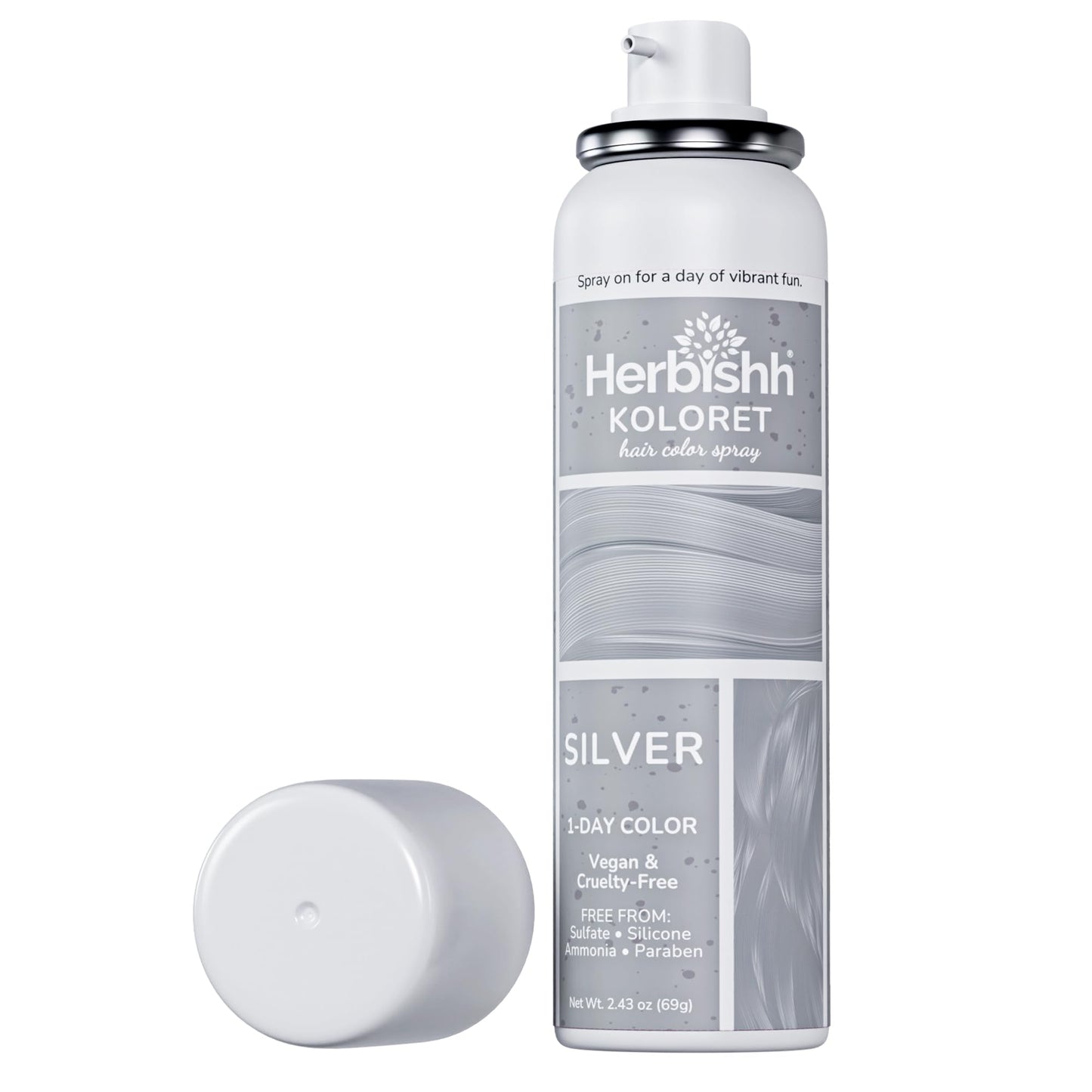 Herbishh Koloret Pastel Silver Hair Mist Spray (69g), Washable Temporary Dye for Light Hair, Fast-Drying Non-Sticky Metallic Tint, Travel-Friendly Root Touch Up for Women