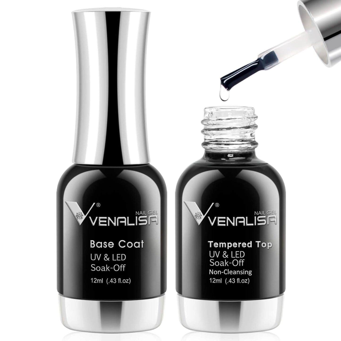 VENALISA No Wipe Gel Top Coat Set - High Gloss, Long Lasting Clear Nail Polish | 2 Pcs for Home & Professional Manicure