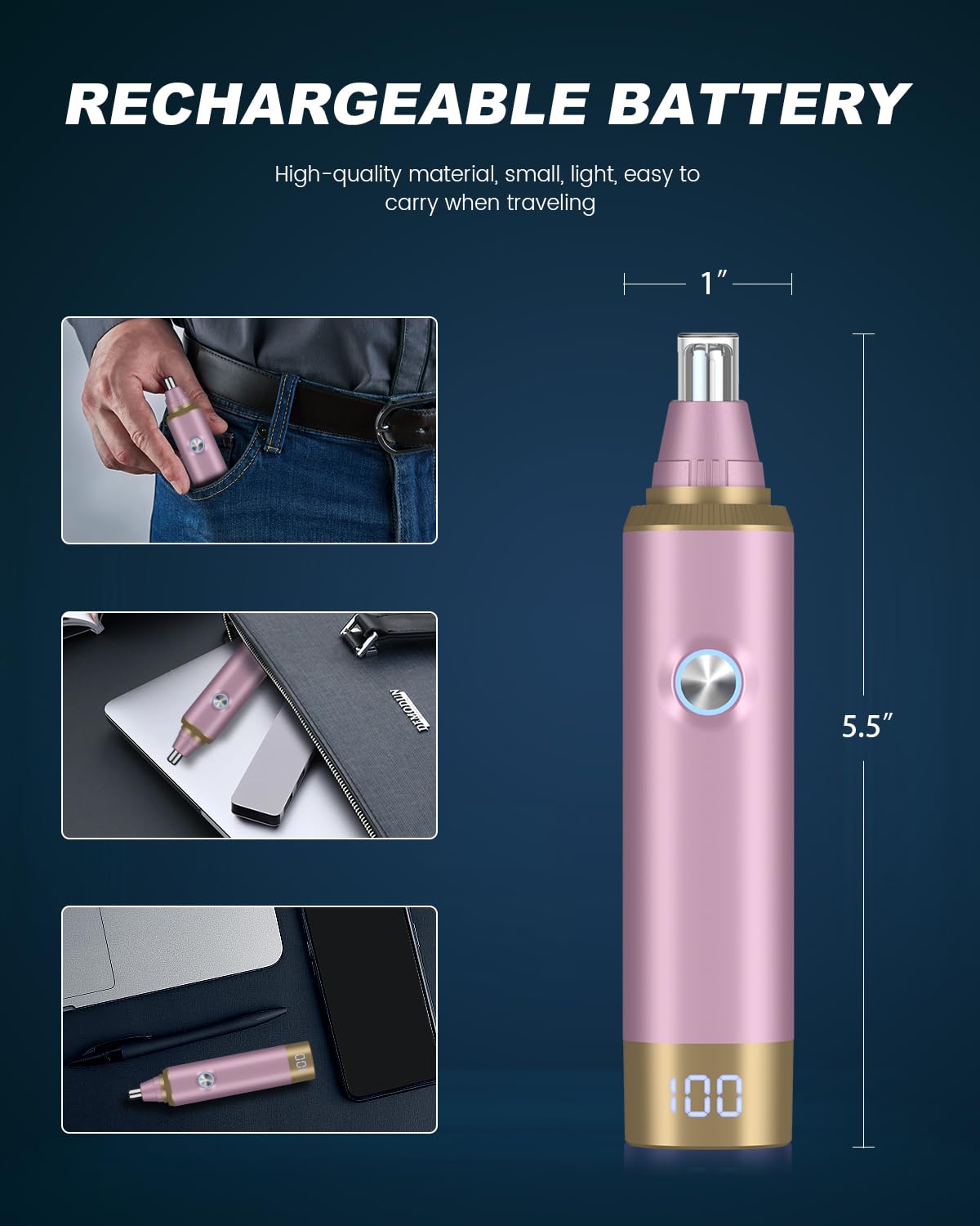 Ear and Nose Hair Trimmer for Men and Women, Painless USB Rechargeable Electric Facial & Eyebrow Hair Remover with LED Display, Dual-Edge Blades for Smooth,13000 RPM Motor IPX7 Waterproof (Pink)